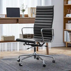 High Back Ergonomic Genuine Leather Ribbed Office Computer Chair - N/A