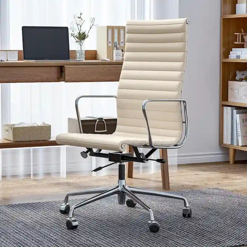 High Back Ergonomic Genuine Leather Ribbed Office Computer Chair - N/A
