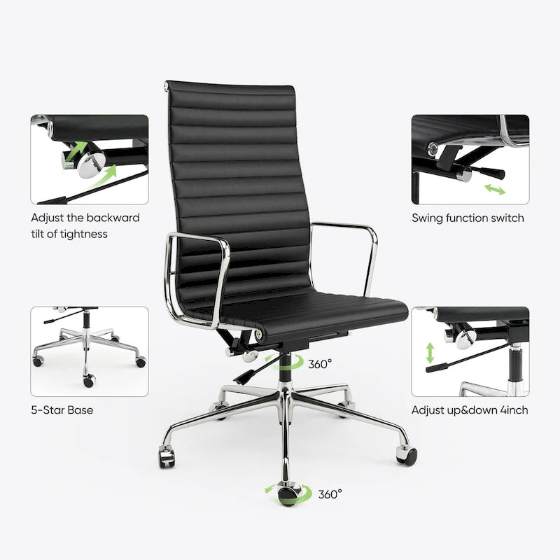 High Back Ergonomic Genuine Leather Ribbed Office Computer Chair - N/A