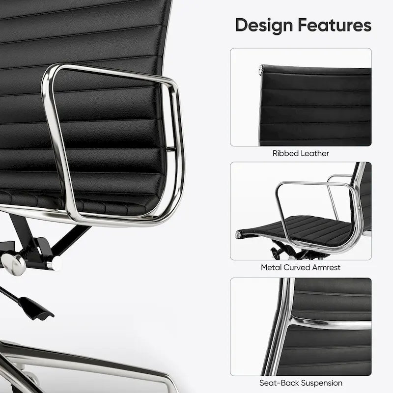 High Back Ergonomic Genuine Leather Ribbed Office Computer Chair - N/A