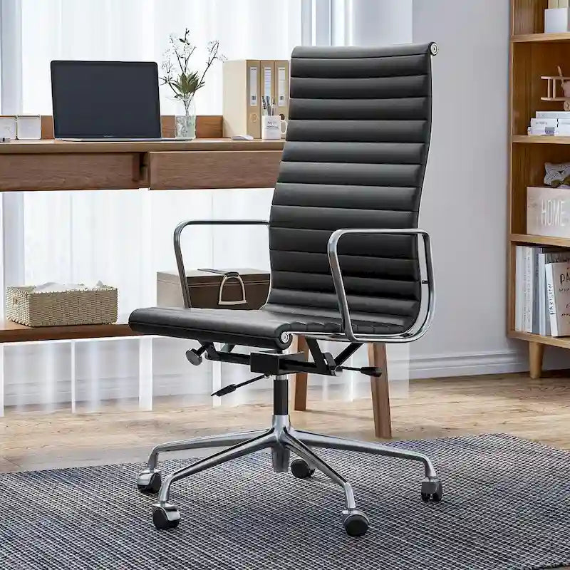 High Back Ergonomic Genuine Leather Ribbed Office Computer Chair - N/A