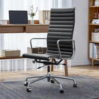 High Back Ergonomic Genuine Leather Ribbed Office Computer Chair - N/A