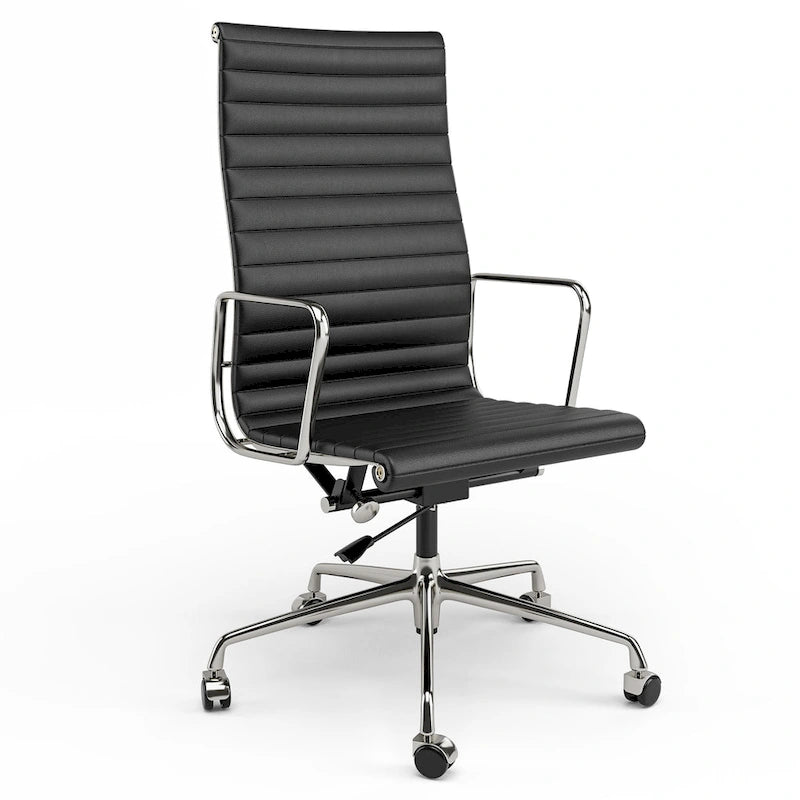 High Back Ergonomic Genuine Leather Ribbed Office Computer Chair - N/A
