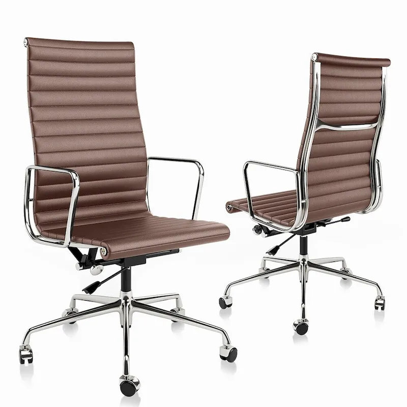 High Back Ergonomic Genuine Leather Ribbed Office Computer Chair - N/A