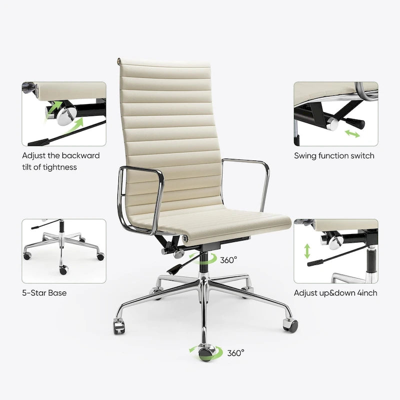 High Back Ergonomic Genuine Leather Ribbed Office Computer Chair - N/A