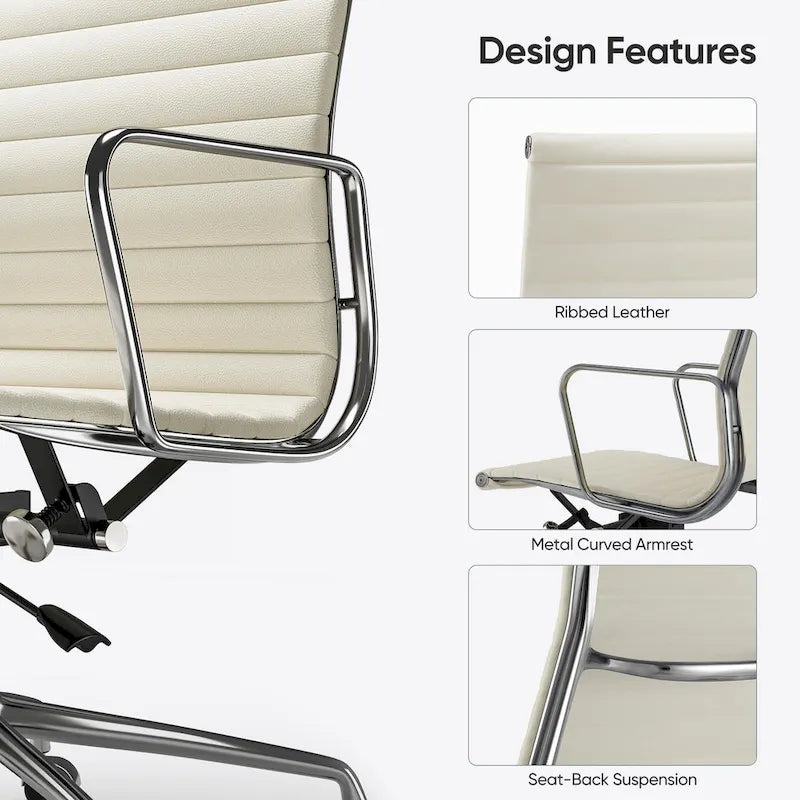 High Back Ergonomic Genuine Leather Ribbed Office Computer Chair - N/A