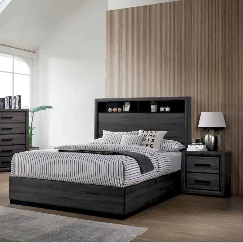 Rothwell Contemporary Grey Wood Wood 2-Piece Panel Bedroom Set with Shelves by Strick & Bolton