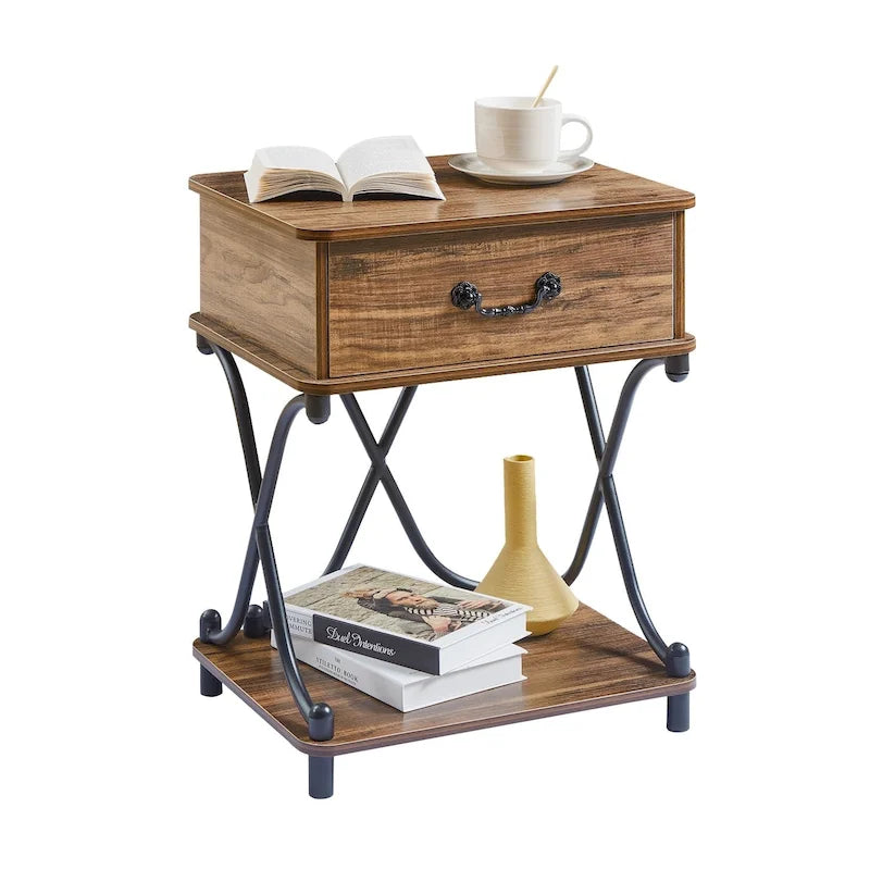 Modern Nightstand with 1-Drawer and Storage Shelf, X-design End Side Table