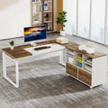 63 L-Shaped Executive Desk with Reversible File Cabinet Office Desk with Storage Drawers