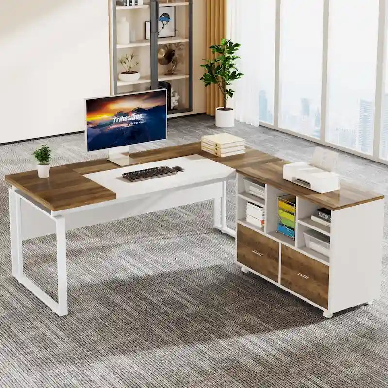 63 L-Shaped Executive Desk with Reversible File Cabinet Office Desk with Storage Drawers