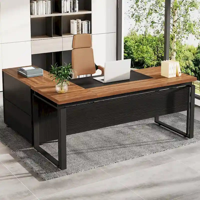 63 L-Shaped Executive Desk with Reversible File Cabinet Office Desk with Storage Drawers