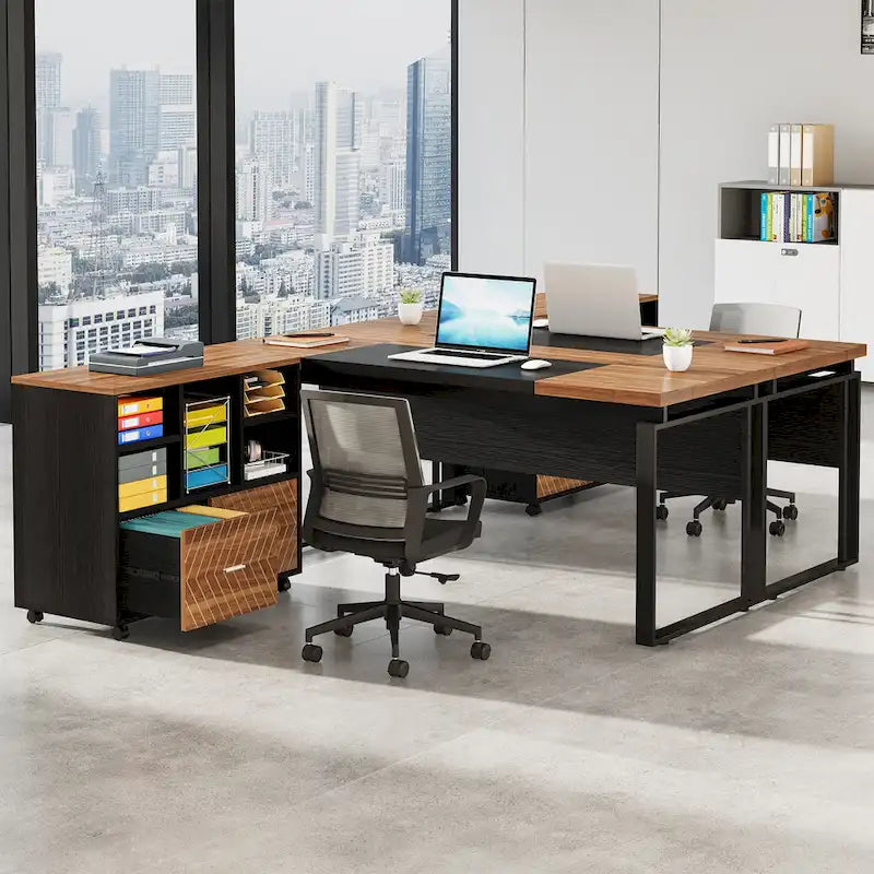 63 L-Shaped Executive Desk with Reversible File Cabinet Office Desk with Storage Drawers