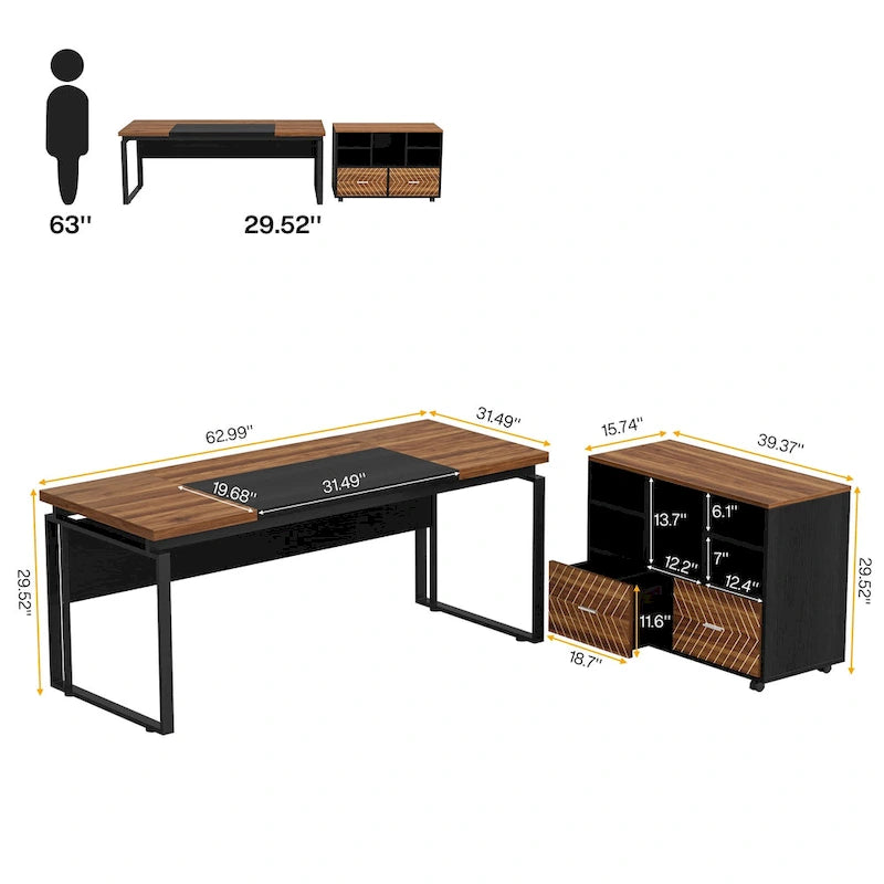 63 L-Shaped Executive Desk with Reversible File Cabinet Office Desk with Storage Drawers