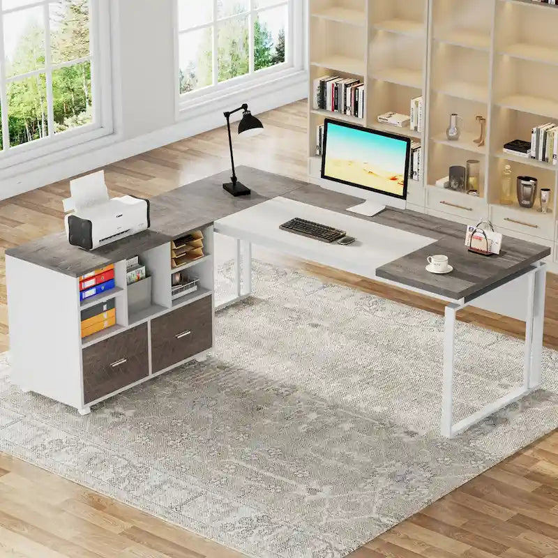 63 L-Shaped Executive Desk with Reversible File Cabinet Office Desk with Storage Drawers
