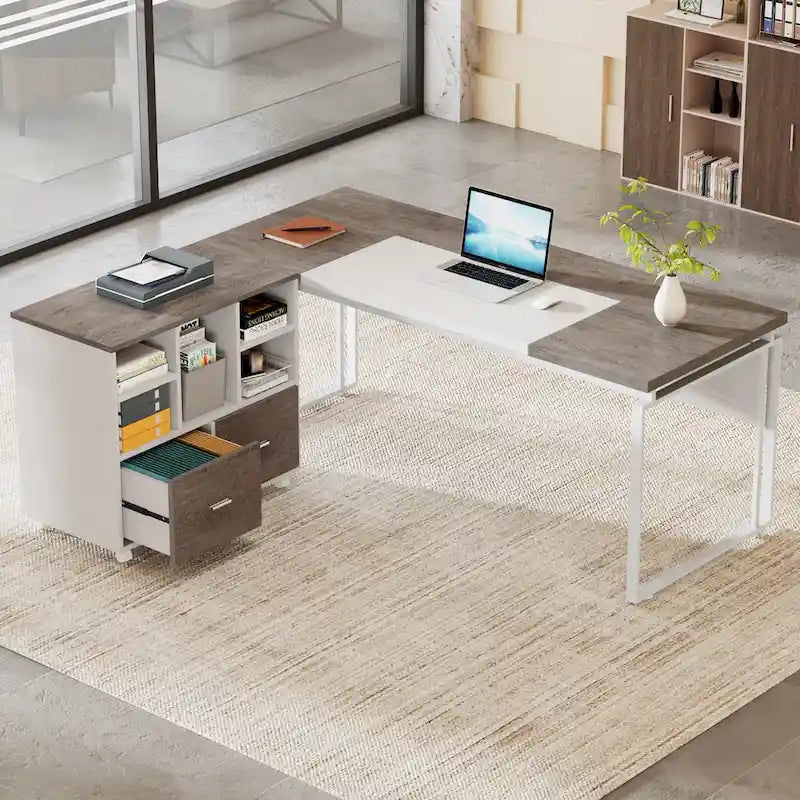 63 L-Shaped Executive Desk with Reversible File Cabinet Office Desk with Storage Drawers