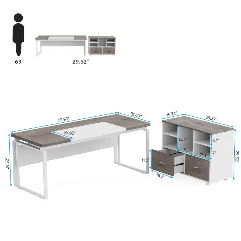 63 L-Shaped Executive Desk with Reversible File Cabinet Office Desk with Storage Drawers