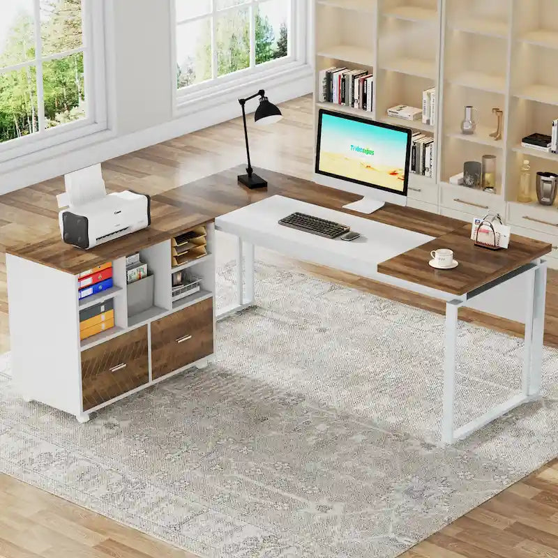 63 L-Shaped Executive Desk with Reversible File Cabinet Office Desk with Storage Drawers