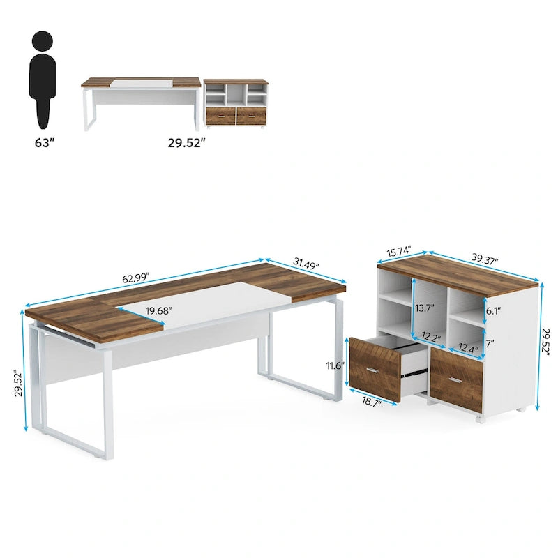 63 L-Shaped Executive Desk with Reversible File Cabinet Office Desk with Storage Drawers