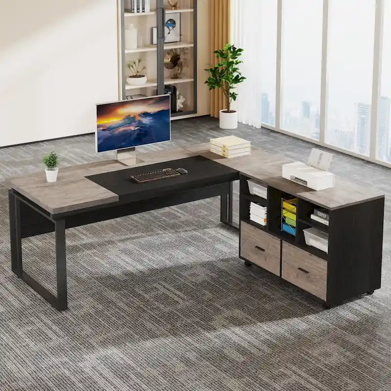 63 L-Shaped Executive Desk with Reversible File Cabinet Office Desk with Storage Drawers