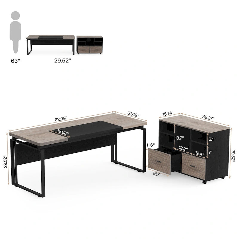 63 L-Shaped Executive Desk with Reversible File Cabinet Office Desk with Storage Drawers