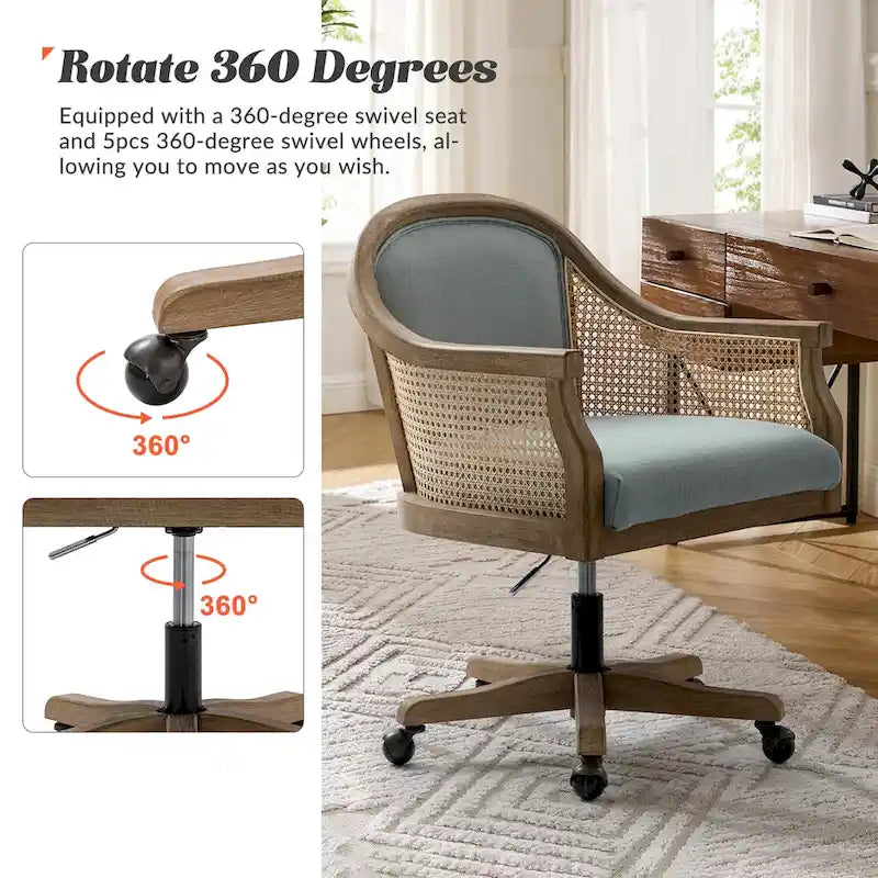 Danilo Farmhouse 360 Degree Swivel Height Adjustable Rattan Desk Chair with RubberWood by HULALA HOME