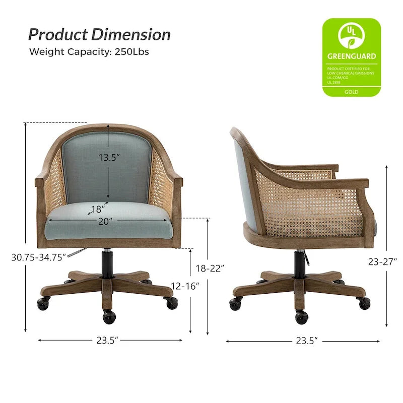 Danilo Farmhouse 360 Degree Swivel Height Adjustable Rattan Desk Chair with RubberWood by HULALA HOME