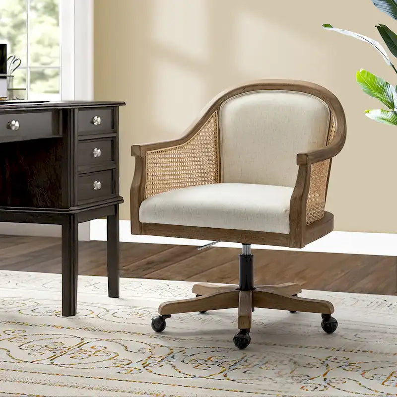 Danilo Farmhouse 360 Degree Swivel Height Adjustable Rattan Desk Chair with RubberWood by HULALA HOME