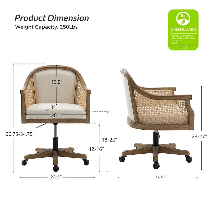 Danilo Farmhouse 360 Degree Swivel Height Adjustable Rattan Desk Chair with RubberWood by HULALA HOME