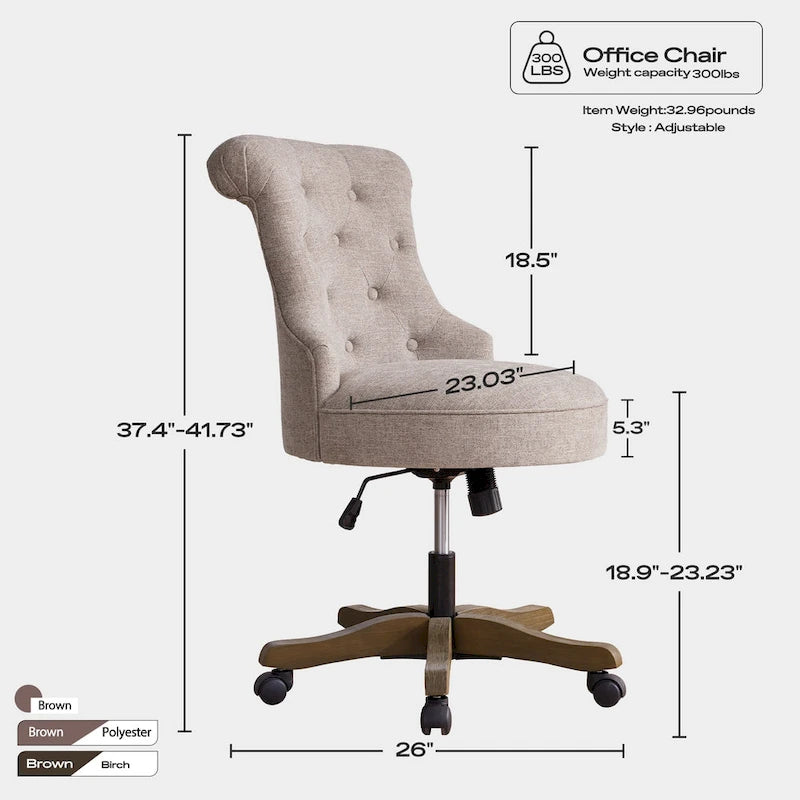 Chaise de bureau à roulettes, hauteur réglable, en tissu de lin, pivotante