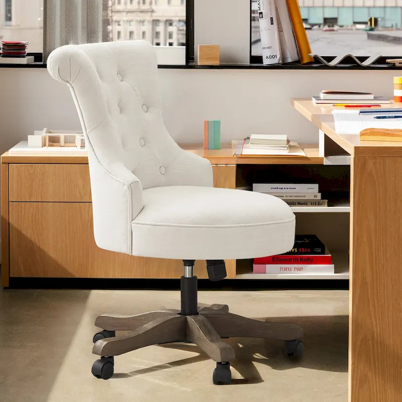 Chaise de bureau à roulettes, hauteur réglable, en tissu de lin, pivotante