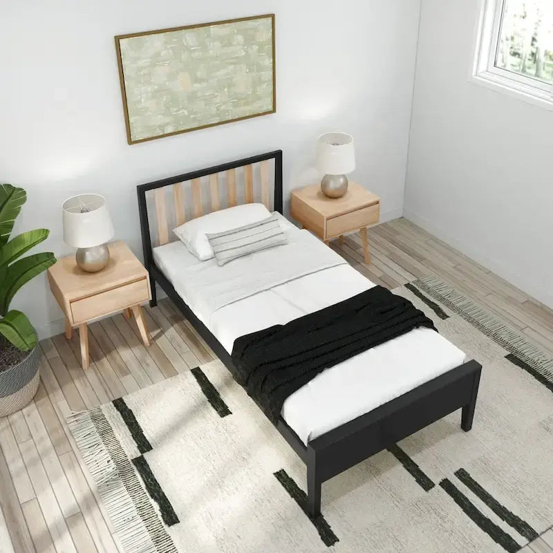 Plank and Beam Scandinavian Twin Size Bed with Slatted Headboard