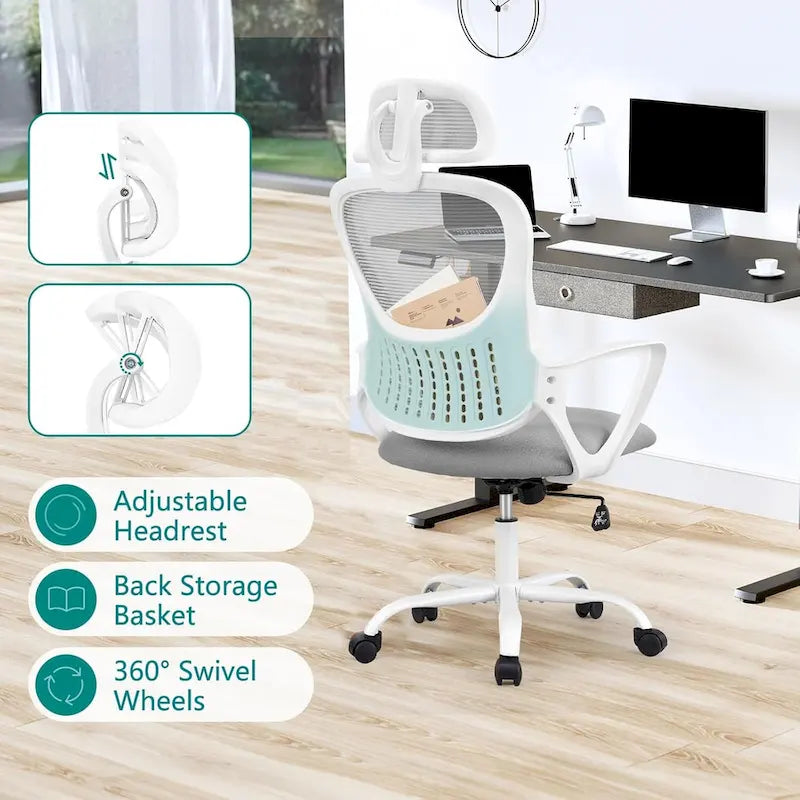 Ergonomic Office Chair, Comfy Computer Desk Chair Mesh High Back with Fixed Arms and Adjustable Headrest, Swivel Rolling Chair