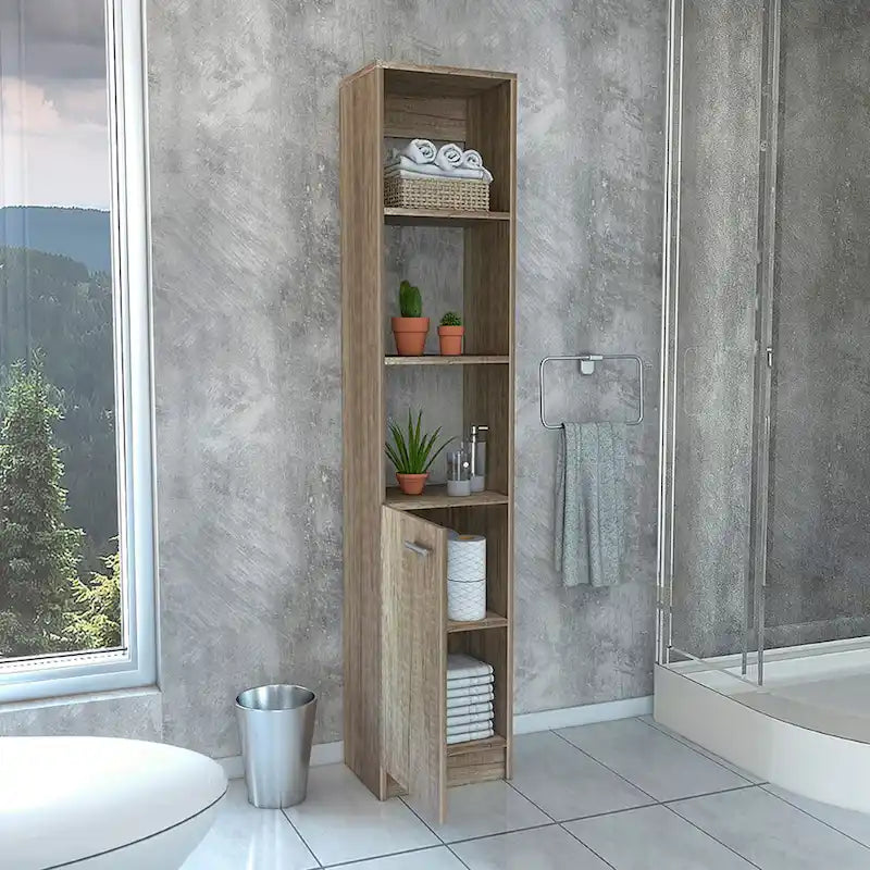TUHOME Malaga Linen Cabinet with 3 Open Shelves, 2 Inner Shelves and Door