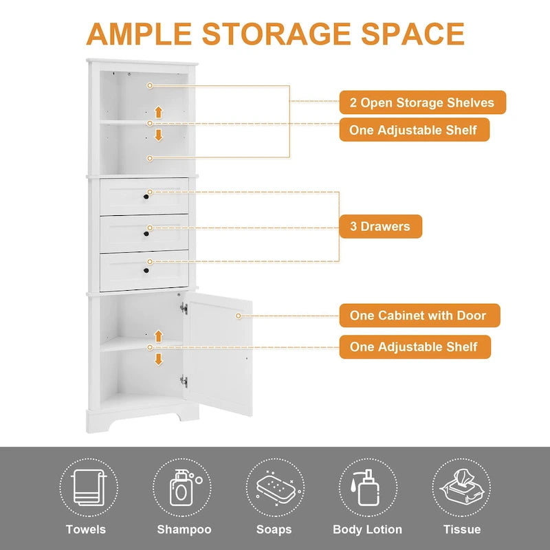 Triangle Tall Cabinet with 3 Drawers and Adjustable Shelves MDF Board with Painted Finish