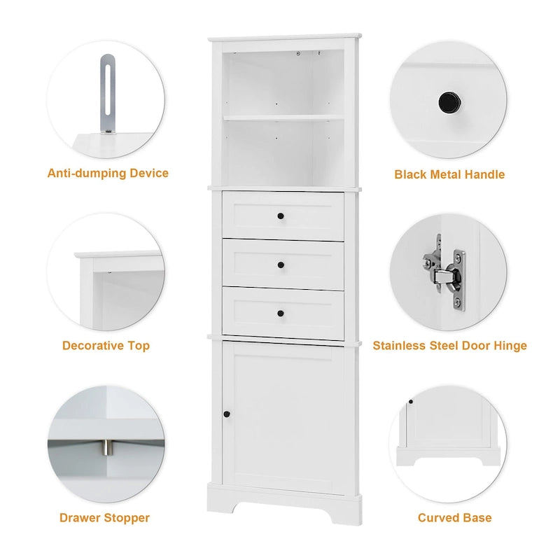 Triangle Tall Cabinet with 3 Drawers and Adjustable Shelves MDF Board with Painted Finish