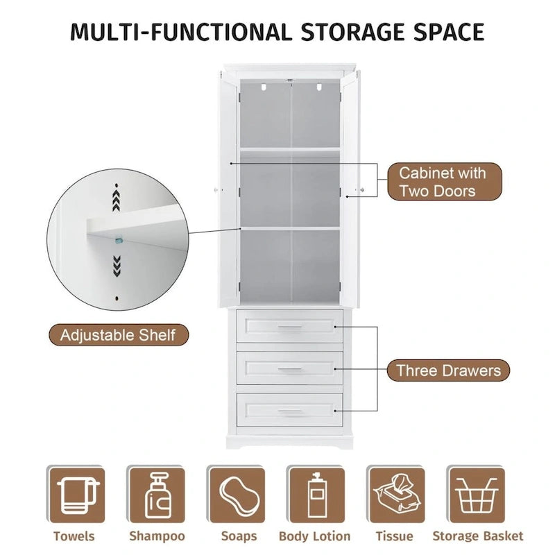 Tall Storage Cabinet with Three Drawers for Bathroom White