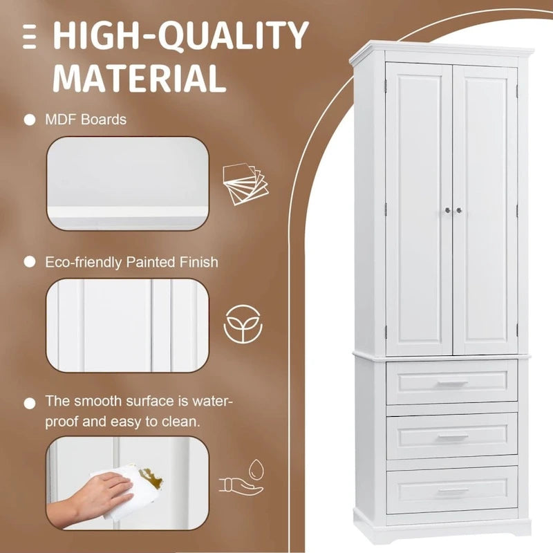 Tall Storage Cabinet with Three Drawers for Bathroom White