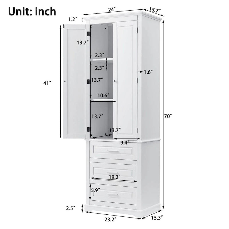 Tall Storage Cabinet with Three Drawers for Bathroom White