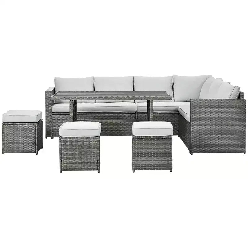Outsunny 7 Piece Patio Furniture Set, Outdoor L-Shaped Sectional Sofa with 3 Loveseats, 3 Ottoman Chairs, Dining Table, Cushions, Storage