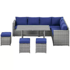 Outsunny 7 Piece Patio Furniture Set, Outdoor L-Shaped Sectional Sofa with 3 Loveseats, 3 Ottoman Chairs, Dining Table, Cushions, Storage