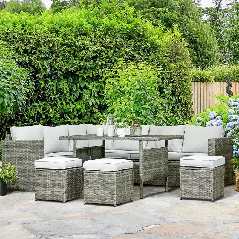 Outsunny 7 Piece Patio Furniture Set, Outdoor L-Shaped Sectional Sofa with 3 Loveseats, 3 Ottoman Chairs, Dining Table, Cushions, Storage