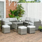 Outsunny 7 Piece Patio Furniture Set, Outdoor L-Shaped Sectional Sofa with 3 Loveseats, 3 Ottoman Chairs, Dining Table, Cushions, Storage