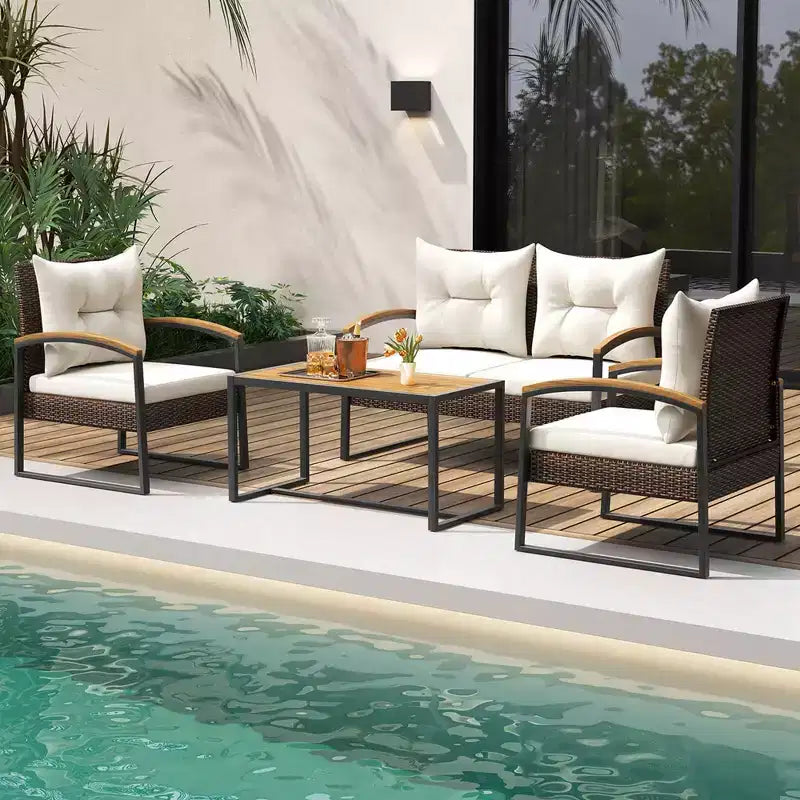 Costway 4 PCS Patio Conversation Set with Coffee Table Solid Acacia Wood Armrests Tabletop