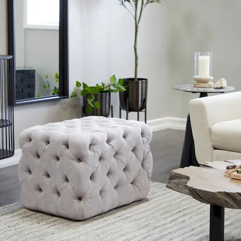 Banc ottoman Glam moderne en tissu capitonné, en bois noir, beige ou gris
