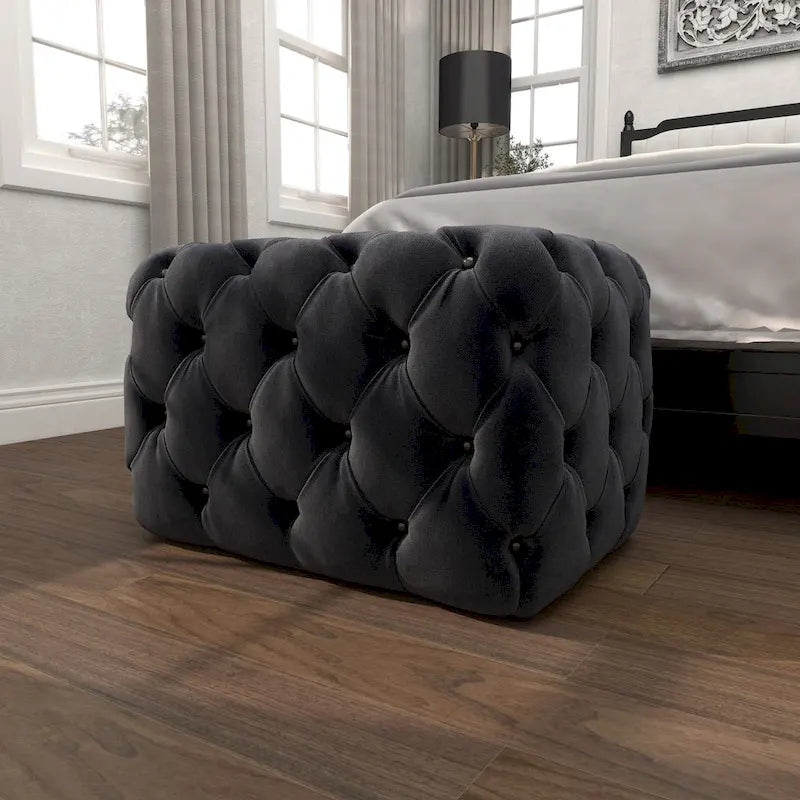 Banc ottoman Glam moderne en tissu capitonné, en bois noir, beige ou gris