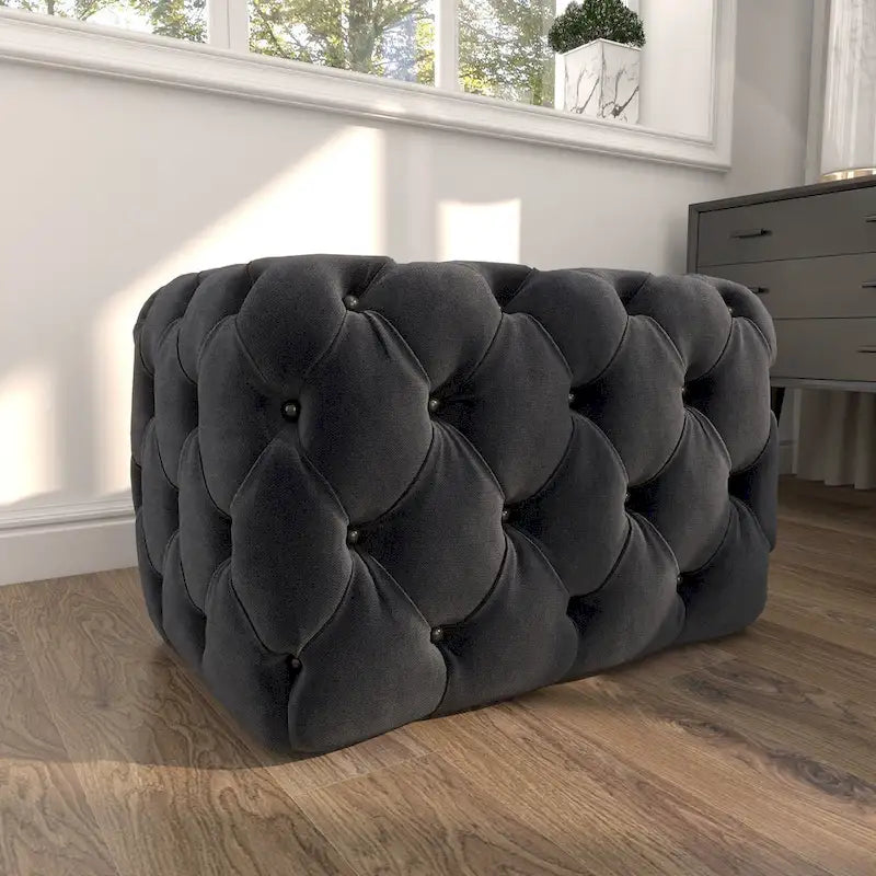 Banc ottoman Glam moderne en tissu capitonné, en bois noir, beige ou gris