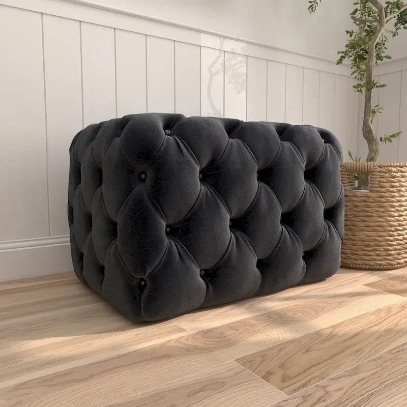 Banc ottoman Glam moderne en tissu capitonné, en bois noir, beige ou gris