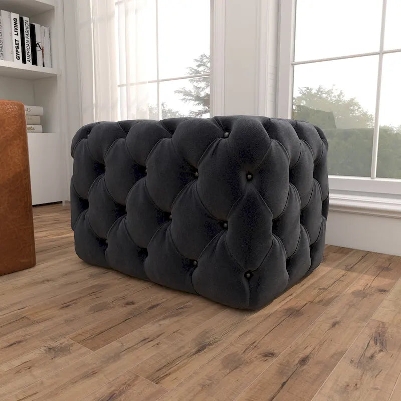 Banc ottoman Glam moderne en tissu capitonné, en bois noir, beige ou gris