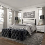 Banc ottoman Glam moderne en tissu capitonné, en bois noir, beige ou gris