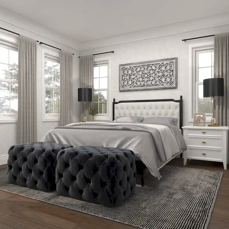 Banc ottoman Glam moderne en tissu capitonné, en bois noir, beige ou gris